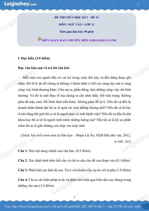 Đề kiểm tra giữa học kì II Ngữ văn 11 - Đề số 13 có lời giải chi tiết